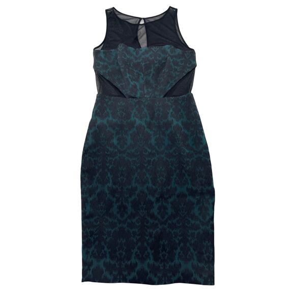 Badgley Mischka Dress 6 Green Black Damask Illusion Neck Sides Sheath Cocktail - Picture 14 of 14